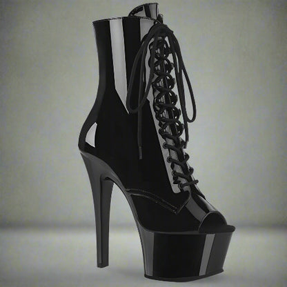 Black high-heeled platform boot with lace-up design on a white background