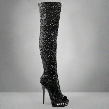 Black glittery knee-high boot