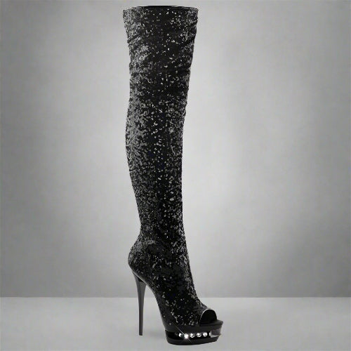 Black glittery knee-high boot
