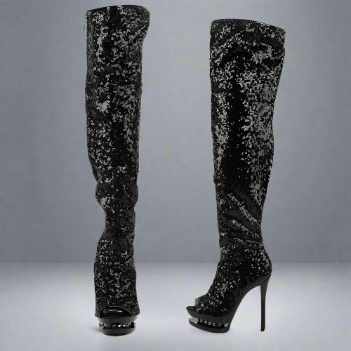 Black sequin knee-high boots