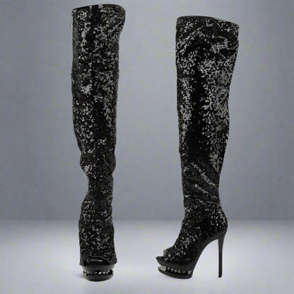 Black sequin knee-high boots