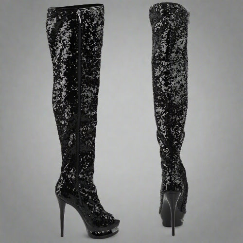 Black sequin knee-high boots