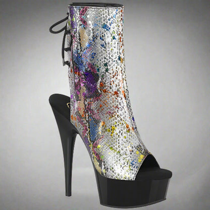 High-heeled platform boot with multi-color snake pattern