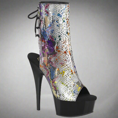 High-heeled platform boot with multi-color snake pattern