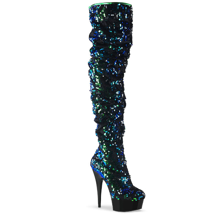 Cloud 9 Lingerie | Sexy Thigh High Boots & Exotic Platform Shoes in Corpus Christi | BLUE IRIDESCENT SEQUIN THIGH HIGH BOOTS