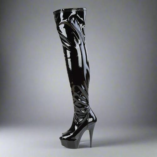 Product Description: 6" Heel, 1 3/4" Platform Peep Toe Thigh High Boot
Step into bold style with our stunning 6" Heel, 1 3/4" Platform Peep Toe Thigh High Boot. Designed for the fashion-forward, these boots are the perfect fusion of elegance and attitude.

Key Features:

Dramatic Height: Elevate your look with a striking 6" (152mm) heel that adds an eye-catching lift to any outfit.
Comfortable Platform: The 1 3/4" (45mm) platform provides stability and comfort, making these boots perfect for all-night wear.