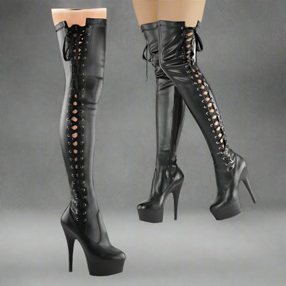 Black lace-up high-heeled boots