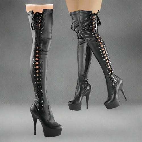 Black lace-up high-heeled boots