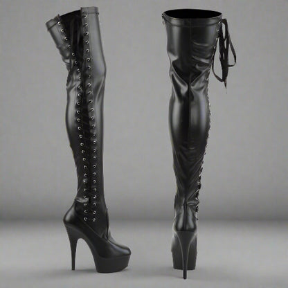 Black leather knee-high boots with high heels on a white background