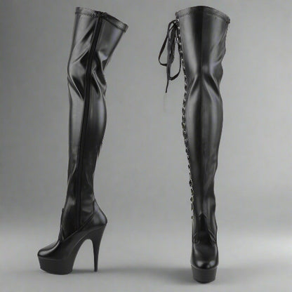 Black lace-up high-heeled boots
