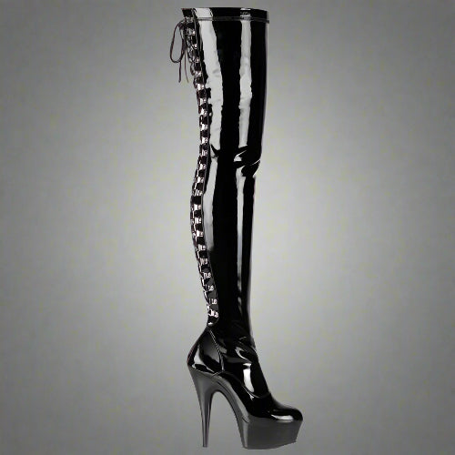Black patent leather knee-high boot with high heel on a white background
