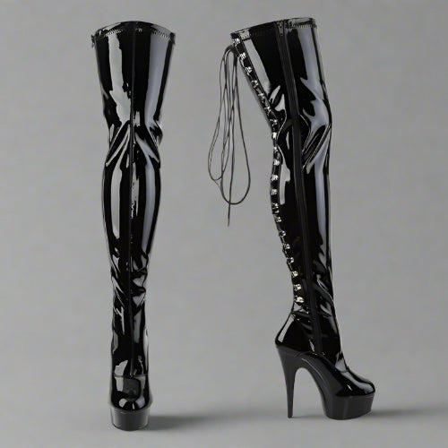 Black patent leather knee-high boots with decorative laces