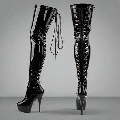 Black patent leather knee-high boots