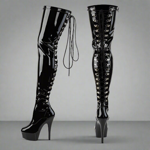 Black patent leather knee-high boots
