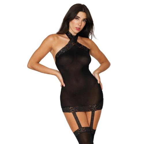 Cloud 9 Lingerie | Sexy Bodystockings in Corpus Christi | Sheer Black Bodystocking Dress with Attached Garters and Stockings | Black - One Size