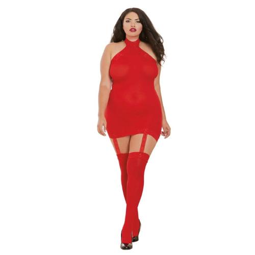 Cloud 9 Lingerie | Sexy Bodystockings in Corpus Christi | Sheer Black Bodystocking Dress with Attached Garters and Stockings | Red - Queen Size