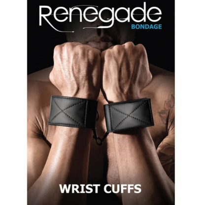Product packaging for Renegade Bondage wrist cuffs with a person wearing them.