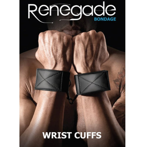 Product packaging for Renegade Bondage wrist cuffs with a person wearing them.