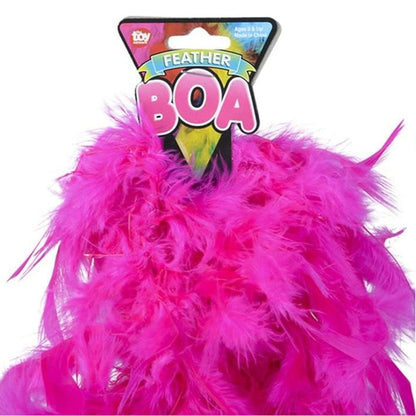 Pink feather boa with a colorful packaging label on a white background
