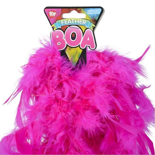 Pink feather boa with a colorful packaging label on a white background