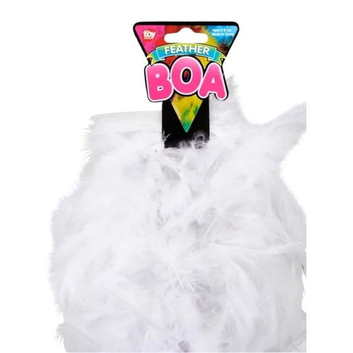 White feather boa with a colorful 'Flaunt' brand tag on a white background