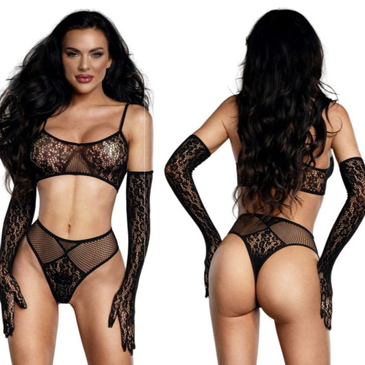 Cloud 9 Lingerie | Sexy Bedroom Lingerie in Corpus Christi | STRETCH NET BLACK FLORAL BRALETTE SET