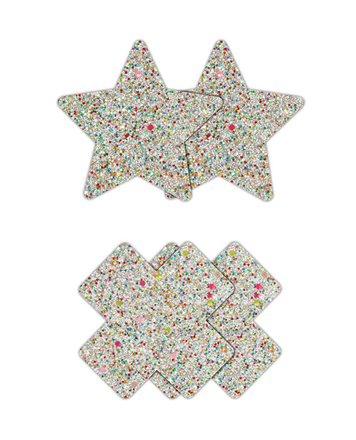 Cloud 9 Lingerie | Stripper Supply Store | ALL THAT GLITTER NIPPLE COVER PASTIES | STARS AND X-SHAPE | $9.99