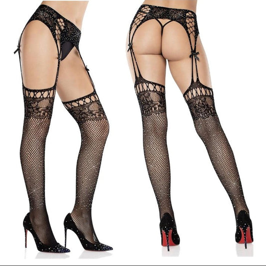 Cloud 9 Lingerie | Sexy Lingerie Store in Corpus Christi | RHINESTONE FISHNET STOCKINGS WITH ATTACHED PANTYHOSE
