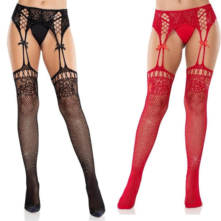 Cloud 9 Lingerie | Sexy Lingerie Store in Corpus Christi | RHINESTONE FISHNET STOCKINGS WITH ATTACHED PANTYHOSE