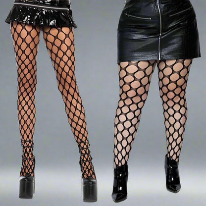 Black fishnet stockings with a white background