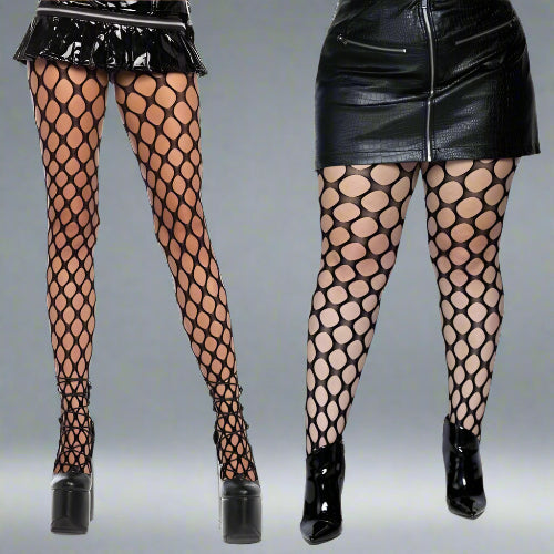 Black fishnet stockings with a white background