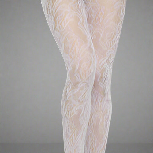 White fishnet stockings with black leather tops worn by a person on a white background.