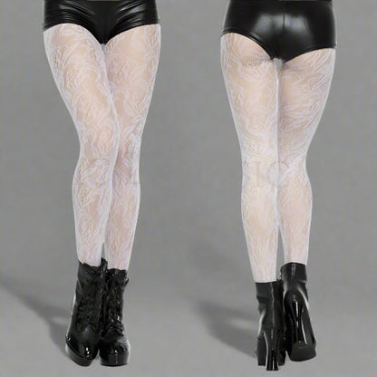 White fishnet stockings with black leather tops worn by a person on a white background.
