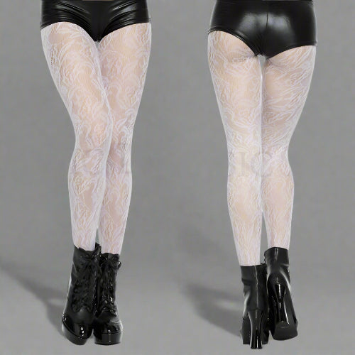 White fishnet stockings with black leather tops worn by a person on a white background.