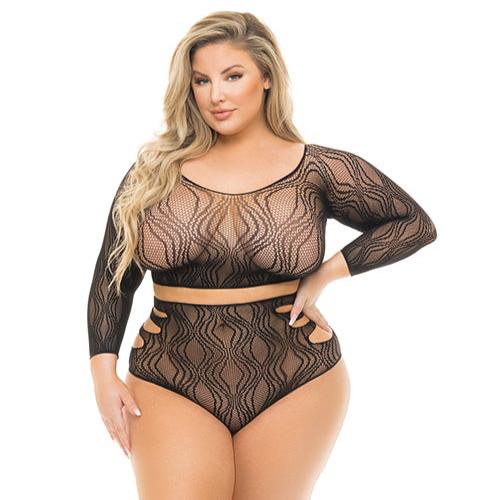 Cloud 9 Lingerie | Sexy Lingerie in Corpus Christi | ZIG ZAG HIGH WAIST PANTY WITH LONG SLEEVE CROP TOP | Queen Size -  $24.99