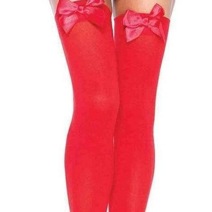 Cloud 9 Lingerie | Sexy Lingerie in Corpus Christi | RED OPAQUE THIGH HIGH STOCKINGS WITH RED SATIN BOWS