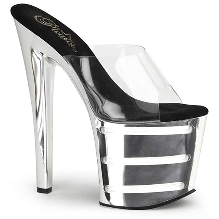High-heeled shoe with clear platform and metallic accents on a white background