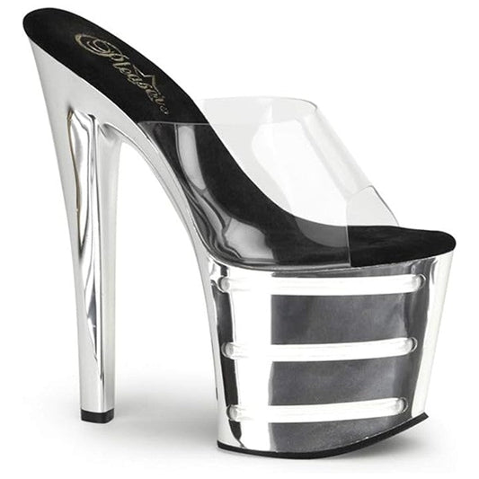 High-heeled shoe with clear platform and metallic accents on a white background