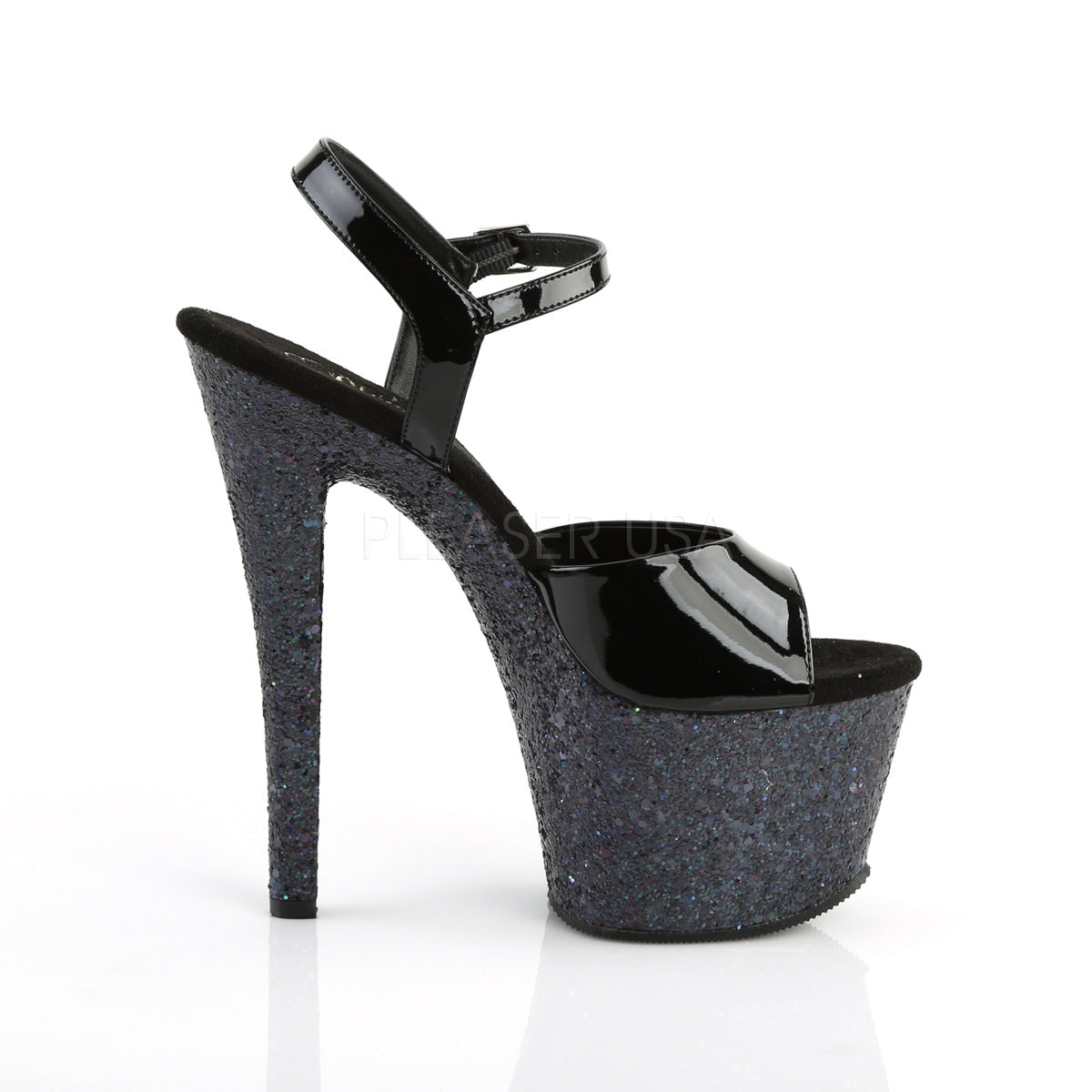 PLEASER SHOES Black high-heeled shoe with glittery platform on a white background