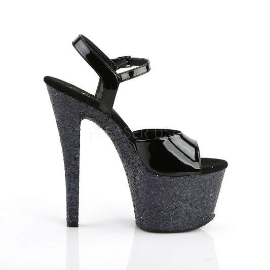 PLEASER SHOES Black high-heeled shoe with glittery platform on a white background