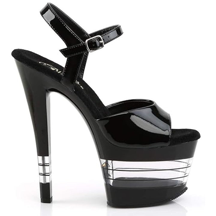 PLEASER SHOES Black high-heeled platform shoe on a white background