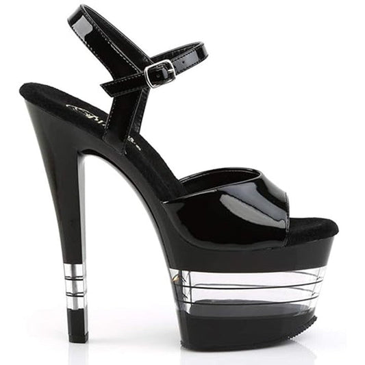 PLEASER SHOES Black high-heeled platform shoe on a white background