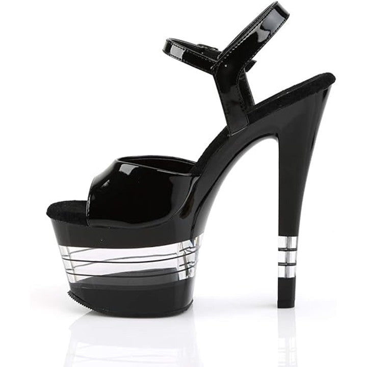 PLEASER SHOES Black high-heeled sandal with clear platform on a white background
