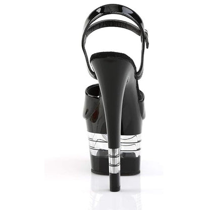 PLEASER SHOES Black high-heeled shoe with a strap on a white background