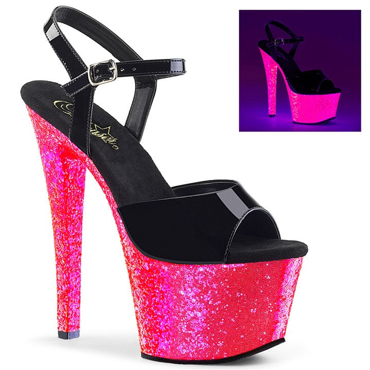 PLEASER SHOES Black high-heeled shoe with pink glitter sole on a white background