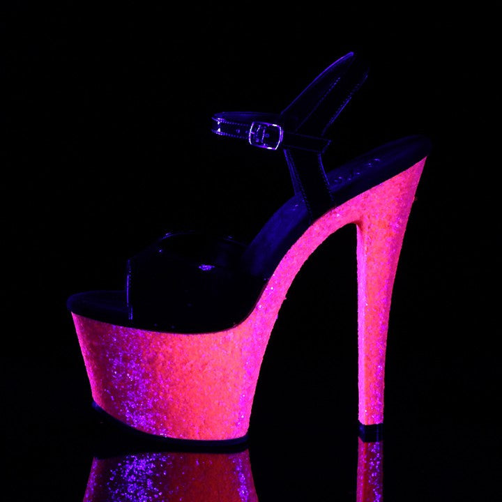 PLEASER SHOES Glowing pink high-heeled shoe on a black background