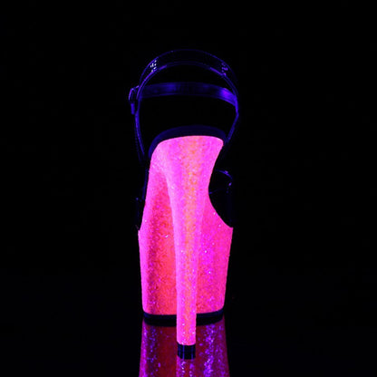 PLEASER SHOES Glowing pink high heel shoe on a black background