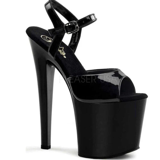 PLEASER SHOES Black high-heeled platform shoe on a white background