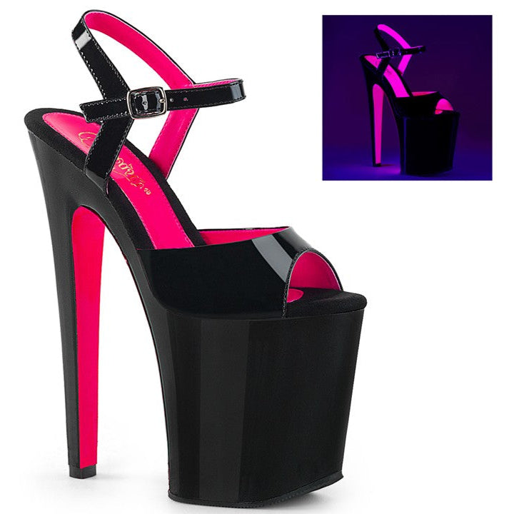 PLEASESR Black and pink high-heeled platform shoe with a close-up inset showing UV reaction.