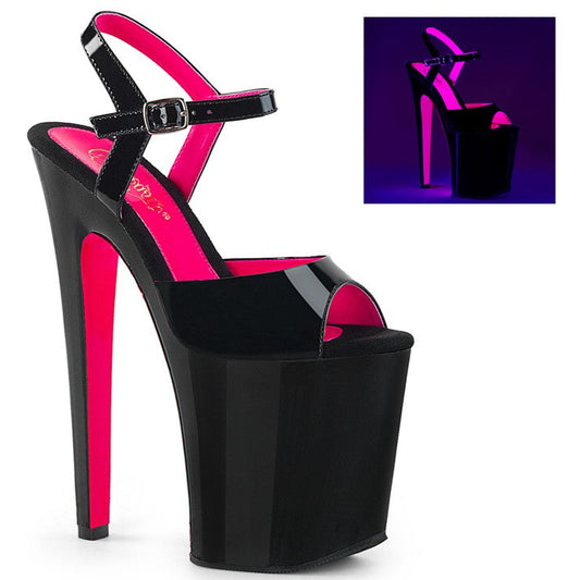 PLEASESR Black and pink high-heeled platform shoe with a close-up inset showing UV reaction.